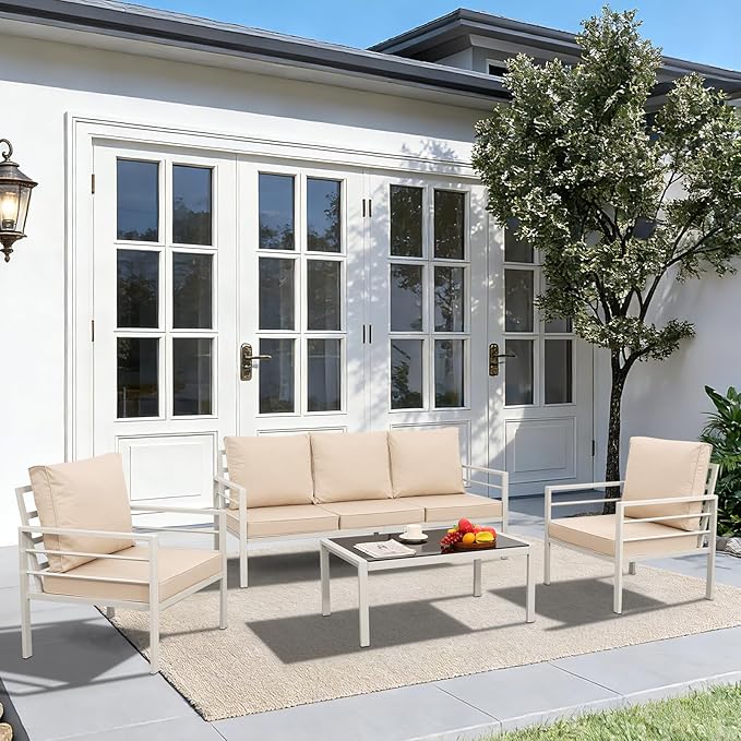 4-Piece Patio Furniture Set White Outdoor Metal Frame Sofa with High Backrest Seating Glass Coffee Table All-weather Metal Patio Conversation Set with Non-slip Cushions and Waterproof Covers, Khaki