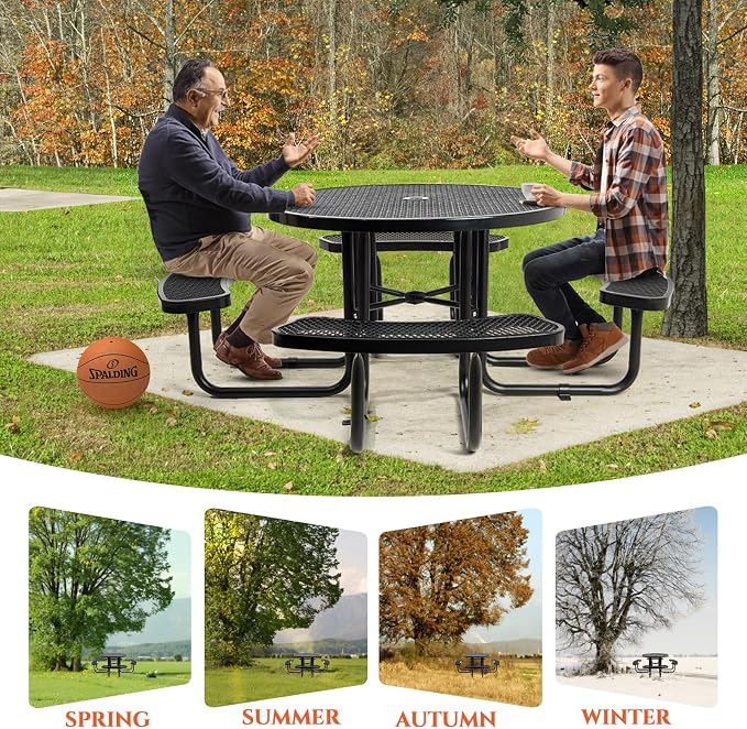 46IN Circle Metal Picnic Table Set with Umbrella Hole and Benches for Outdoor, Expanded Heavy Duty Metal Commercial Grade Patio Dining Furniture for Yard Patio Lawn Party Coffee, Black