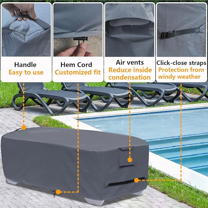 Outdoor Chaise Lounge Cover for 4-6 Stackable Patio Chaise Lounge Chairs, Waterproof, Durable Polyester Fabric 80 x 32 x 40 Inch Pool Lounge Chair Covers for Winter Storage (Grey)
