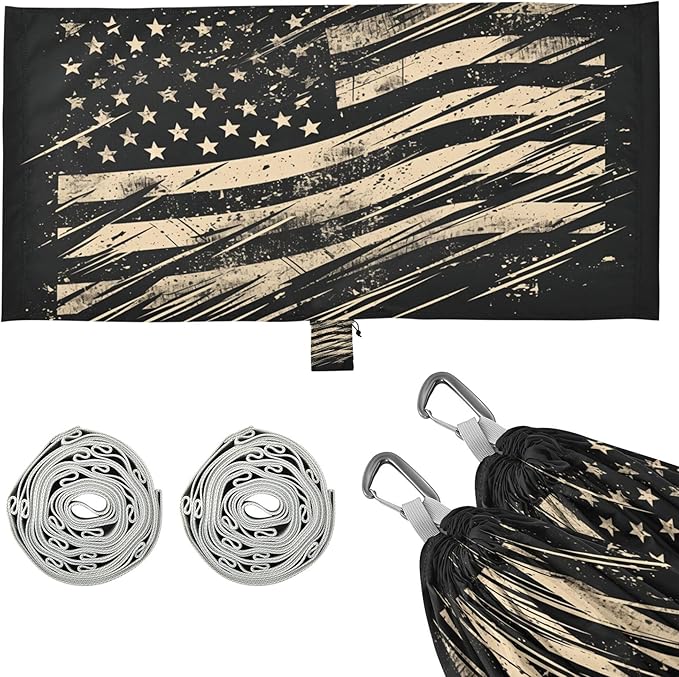 Vintage Military American Flag Black Hammocks for Camping with Portabl Carry Bag Backyard Hammock for Indoor Outdoor Patio