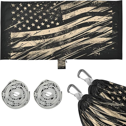 Vintage Military American Flag Black Hammocks for Camping with Portabl Carry Bag Backyard Hammock for Indoor Outdoor Patio