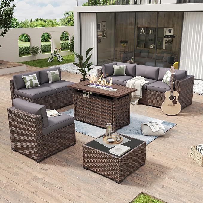 Aoxun 8 Piece Patio Furniture Set with 44” Fire Pit Table Wicker Rattan Outdoor Sectional Sofa Set with Coffee Table and Thickened Cushions, Gray