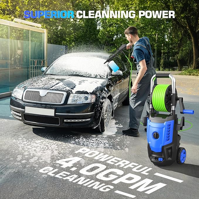 Electric P*ressure Washer 4800PSI, 4.0GPM Portable Power Washer with Foam Cannon,4 Nozzles,33FT Hose and Soap Bottle,Car Wash Machine/Car/Driveway/Patio Clean,Blue