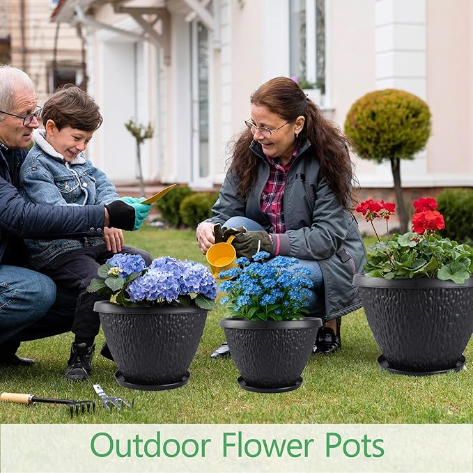 Nooulap 4 Pack 12 inch Plant Pots for Outdoor Indoor, Flower Pots with Drainage Holes & Saucer, Large Outdoor Planters for Garden Porch Balcony (Black)