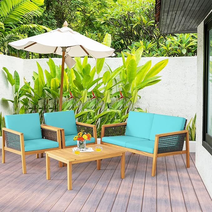 HAPPYGRILL 4 Pieces Patio Conversation Set Acacia Wood Furniture Set with Coffee Table, PE Rattan Wicker Sofa Set with Soft Cushions for Outdoor Garden Deck Poolside