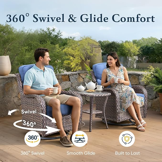 Belord Luxury 6" Thick Cushioned 10 Pieces Patio Furniture Set with Outdoor Couch, Wicker Outdoor Conversation Set with High Back Swivel Rocker Chairs for Deck Porch Yard and Poolside - Brown+Blue