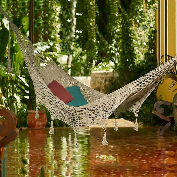 NOVICA Handmade Double Cotton Hammock Hand-Woven in Grey with Thick Tassels, Ideal for Camping and Outdoor Relaxation - 150" L with Hanging Accessories Included, Mirage in Grey'