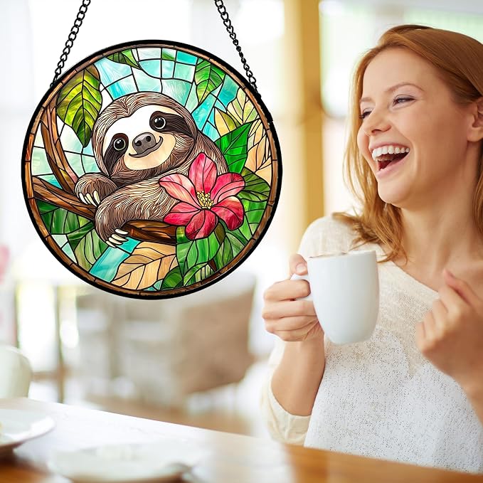 Stained Glass Window Hanging, Cute Sloth Sun Catcher for Door Home Decor Animal Suncatcher Christmas Mother's Day Birthday Gifts for Women Men Mom and Nana 11.8 in