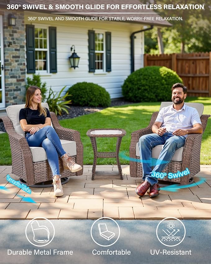 Belord 5 Piece Wicker Patio Furniture Set with Ottoman - High Back Outdoor Swivel Rocker Glider Chairs with Glass Top Side Table,28D High-Density 6" Removable Blue Cushion for Deck Porch Backyard