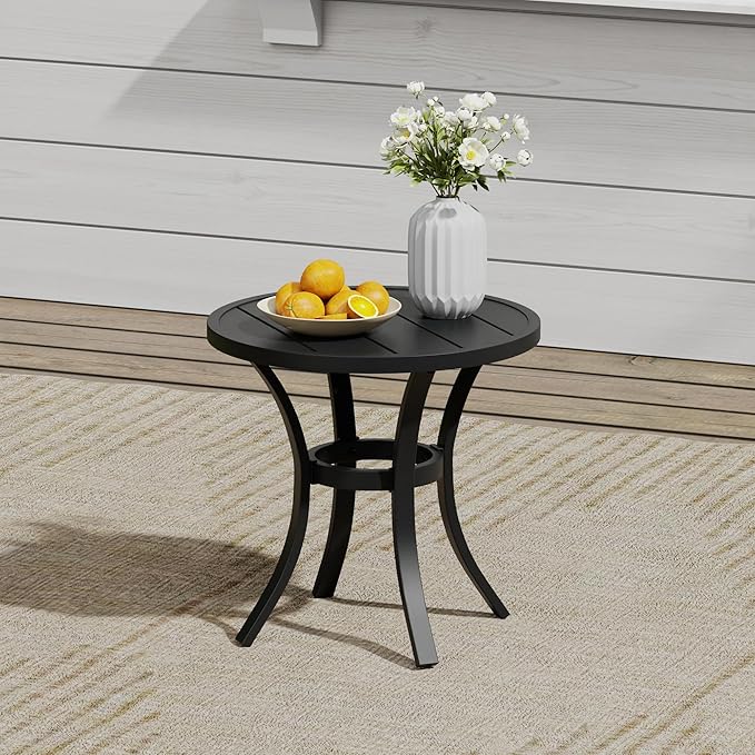 VICLLAX Outdoor Set for 2, Small Patio Table and Chairs Set of Stackable Patio Sling Chairs and Round Dining Table for Front Porch, Blue Fabric and Black Table