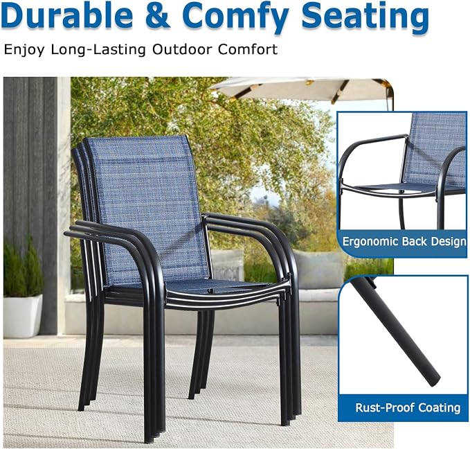 5 Piece Patio Dining Set for 4, 42” Honey Oak Round Table with Umbrella Hole and 4 Blue Patio Stackable Chairs, Patio Table and Chairs for Backyard, Lawn, Deck & Garden