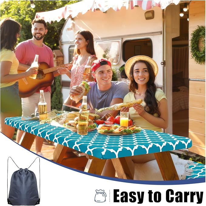 Smiry Picnic Table Cover with Bench Covers, Waterproof Elastic Fitted Tablecloth for 8 Foot Tables, Washable Polyester Tablecloths for Camping, Indoor & Outdoor (Aqua, 30x96 Inch 3-pc Set)