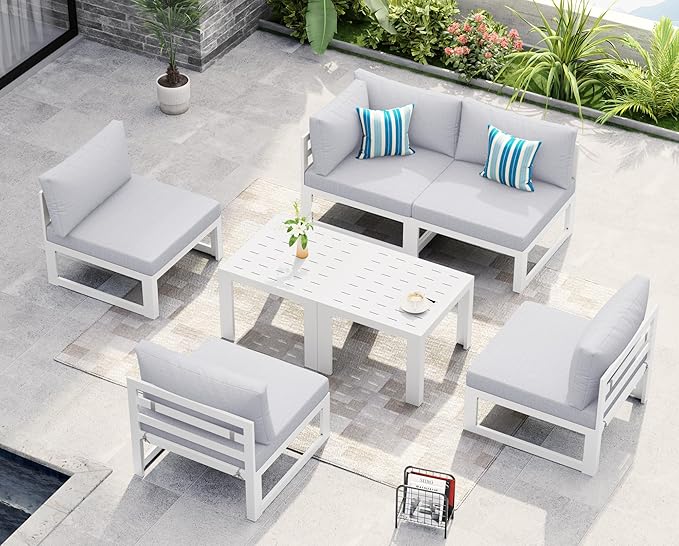 NICESOUL 7 Piece Oversized Modular Aluminum Outdoor Furniture Set, 29" Deep Wide Sectional Seating, 500 lbs High Weight Capacity Water Resistant Patio Conversation Set for Garden Terrace, Light Gray