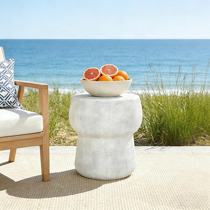 Outdoor Side Table Round Patio Concrete End Table Faux Stone Side Tables Travertine Small Coffee Tables for Outdoor, Garden Stool Plant Stand for Porch Backyard, 14.37" Mushroom Cement