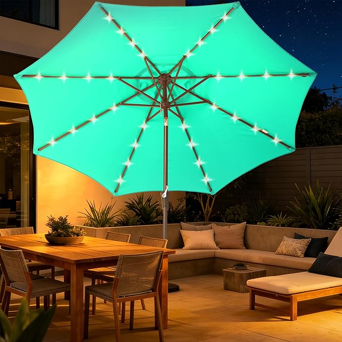 9FT Solar-Powered LED Patio Umbrella with Tilt Crank,Outdoor Market Umbrella with 32 Lights,Sunshade for Deck, Garden and Pool