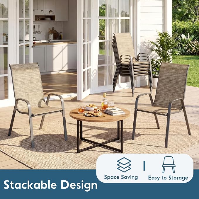 Arlopu 7-Piece Outdoor Table and Chairs for 6, Outdoor Dining Set W/Rectangle Glass Table and 6 Patio Textilene Stackable Chairs, Patio Furniture Set W/Umbrella Hole (Grey Table & Brown Chair)