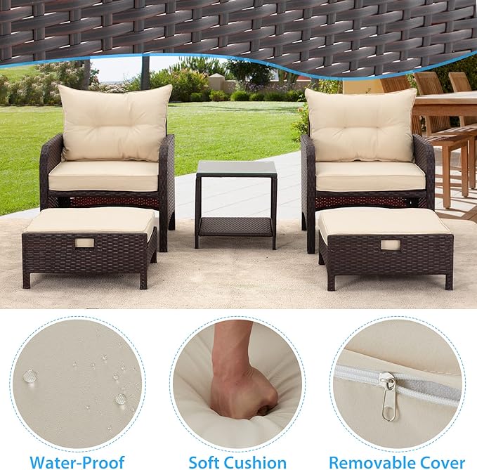 AVAWING 5 Pieces Patio Furniture Set, Outdoor Rattan Chairs with Tempered Glass Coffee Table, Ottomans & Soft Cushions, Wicker Conversation Bistro Set for Garden, Deck, Balcony, Poolside(Khaki)