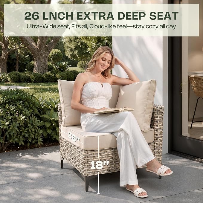 5 Piece Outdoor Sectional Patio Furniture Set with Solar Lighted Coffee Table, Modular Wicker Conversation Set with Flexible L-Shaped Layout for Porch Balcony Backyard, Beige