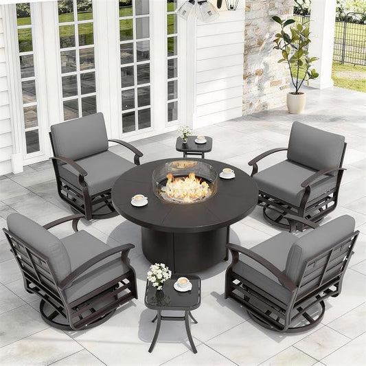 ALAULM Aluminum Patio Furniture Set with Coffee Table Rectangular, 5-seat Outdoor Sectional Furniture w/2 Swivel Chairs, Patio Conversation Set for Porch, Backyard, Poolside-Grey