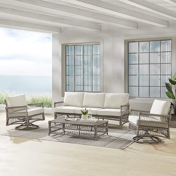 Crosley Furniture Thatcher 4-Piece Outdoor Sofa and Table Patio Furniture Set, Wicker Conversation Sets for Porch, Driftwood with Creme Cushions