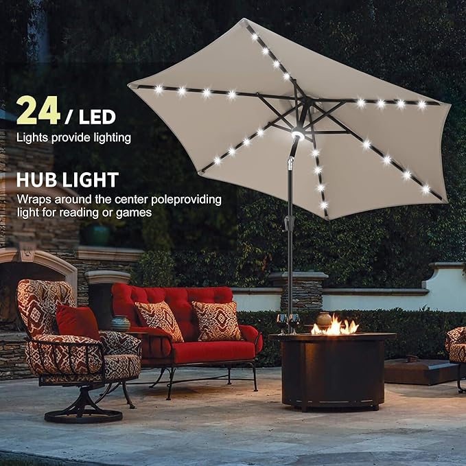 10ft Solar Patio Umbrella - Outdoor Umbrella with Centre Surround Light 24 LED Lights, Market Table Umbrella with Tilt for Pool, Porch, Garden, Deck, Backyard UV Protection (Taupe)