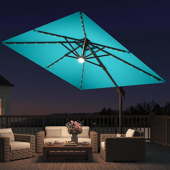 JZAC & QZYD 9x9 FT Outdoor Cantilever Patio Umbrella with Solar LED Lights, Large Heavy Duty 2-Tier Canopy Square Aluminum Offset Umbrellas with 360-Degree Rotation for Pool Deck Backyard, Turquoise
