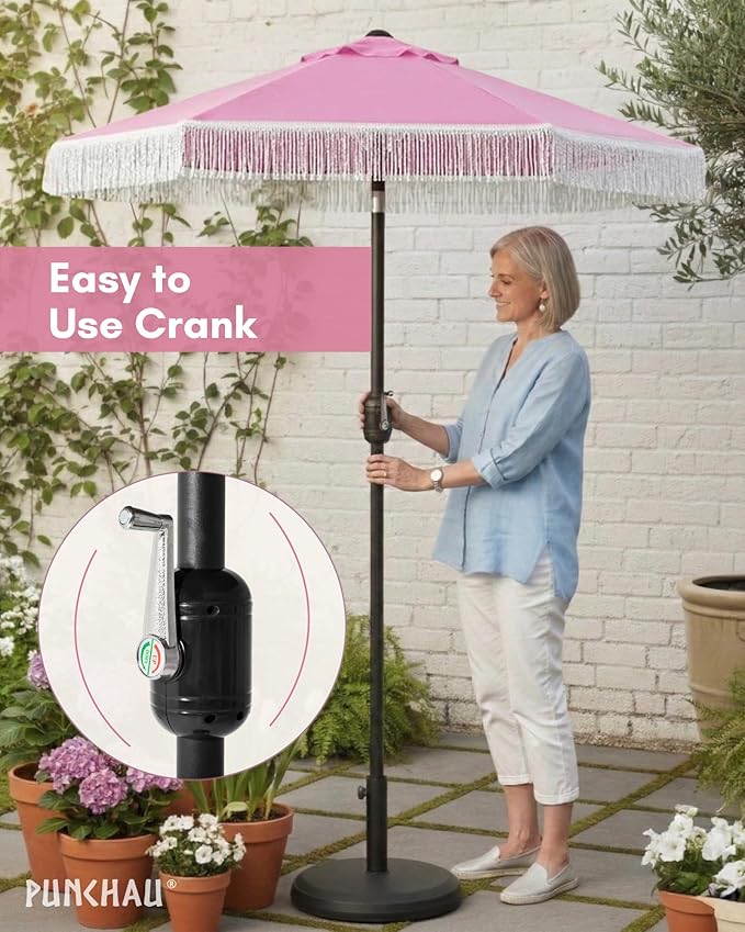 6 Ft Fringe Patio Umbrella - Outdoor Umbrella for Patio, Pool, Table, Garden, & Deck, Push Button Tilt Pole - Fashionable Vintage Tassels - White