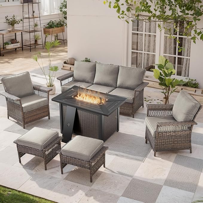 Patio Furniture Set with Fire Pit Table, 6PCS Patio Conversation Set Brown Resin Wicker Patio Chair Sofa Ottoman with 43in Rectangular Iron Outdoor Fire Table PE Rattan Furniture