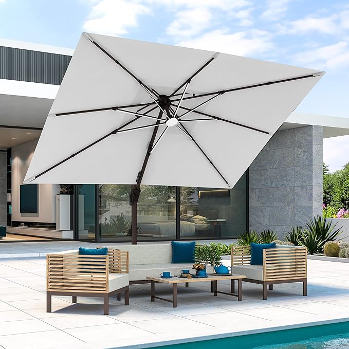 JZAC & QZYD 9x12 FT Outdoor Cantilever Patio Umbrella with Base Included and LED Lights, Large Heavy Duty 2-Tier Aluminum Offset Umbrellas with 360-Degree Rotation for Pool Deck, FogGrey
