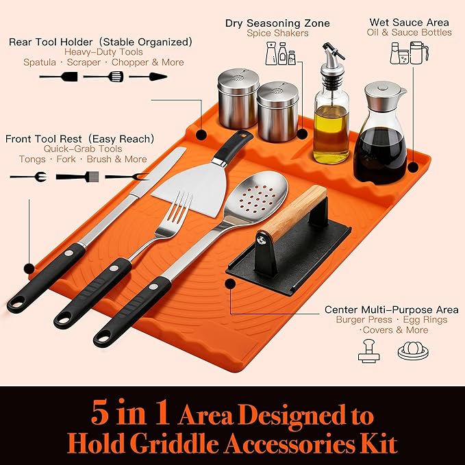 Silicone Grill Mat for Blackstone - BBQ Griddle Tools Side Mat with Drip Pad, Griddle Tools Mat for Outdoor Kitchen Countertop, BBQ Grill Accessories Gifts for Men (Orange)