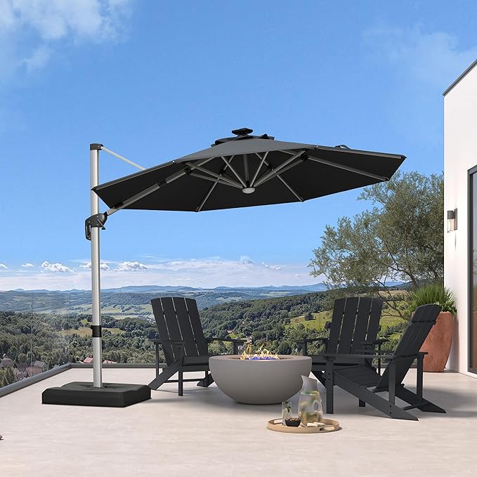 PURPLE LEAF Cantilever Umbrella with base 10ft Outdoor Round Patio Solar Powered LED Umbrella with 360-degree Rotation for Garden Deck Pool Patio, Grey