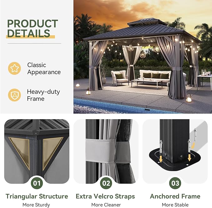 Aoxun 12x14 Hardtop Gazebo, Aluminum Frame Outdoor Gazebo with Double Galvanized Steel Roof, Large Patio Pavilion with Netting and Curtains, Backyard Gazebo for Patio Deck Garden