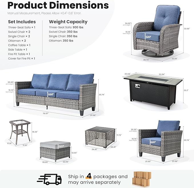 ovios 10 Pieces Patio Furniture Set, Outdoor Wicker Sofa Couch with Rocking Swivel Chairs Solar Light Table Fire Pit, Modern Deep Seat Rattan Conversation Sets, Denim Blue