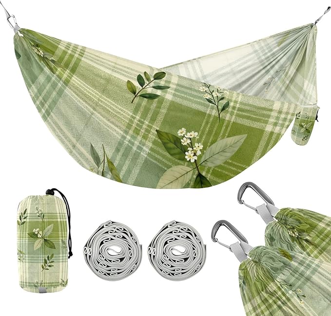 Green Plaid and Foliage Hammocks for Camping with Portabl Carry Bag Hanging Hammock Outside Beach Patio Garden