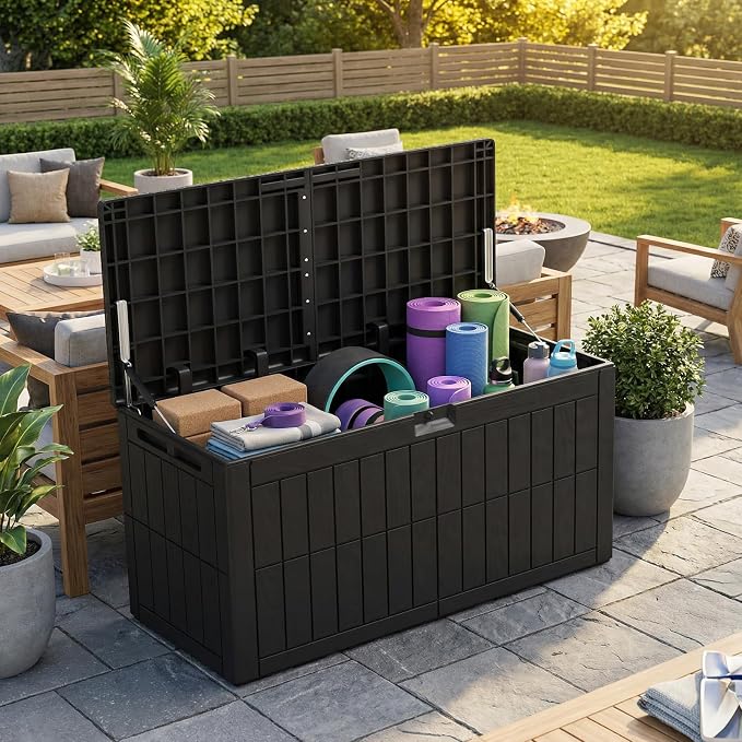 100 Gallon Deck Box, Watertight Resin Outdoor Storage Box for Patio Furniture Cushions and Pool Supplies, Lockable Yard Storage Bin with No Tool Assembly, Black