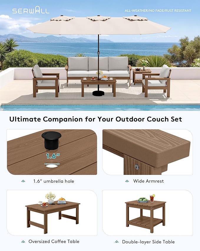 SERWALL HDPE Patio Furniture Set, 7-piece Outdoor Sectional Sofa Set, All Weather Outdoor Couch Set for Deck, Lawn, Brown Frame with Khaki Cushion
