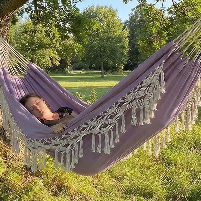 Double Boho Macrame Hammock with Elegant Tassels for Patio, Yard, Beach Wedding Decor, Outdoor and Indoor Up to 450lbs Include Tie Ropes and Drawstring Bag （ Light Purple）