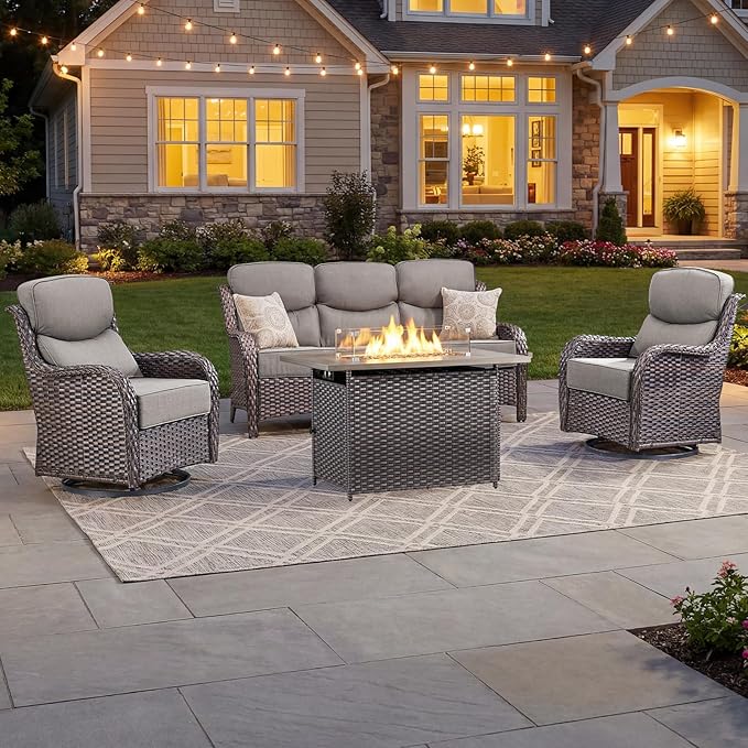 Luxury Patio Furniture Set with 6-inch Thick Cushion, Outdoor Furniture with Fire Pit Table, Swivel Chairs, Sofa, 4pcs Wicker Conversation Set for Deck Yard and Poolside(Grey)