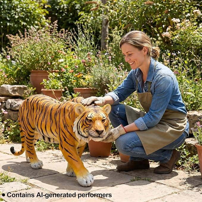 33" Large Tiger Garden Statue, Orange with Black Stripes | Fierce Walking Tiger Sculpture, For Outdoor Patio & Pool Area, Hand-Painted