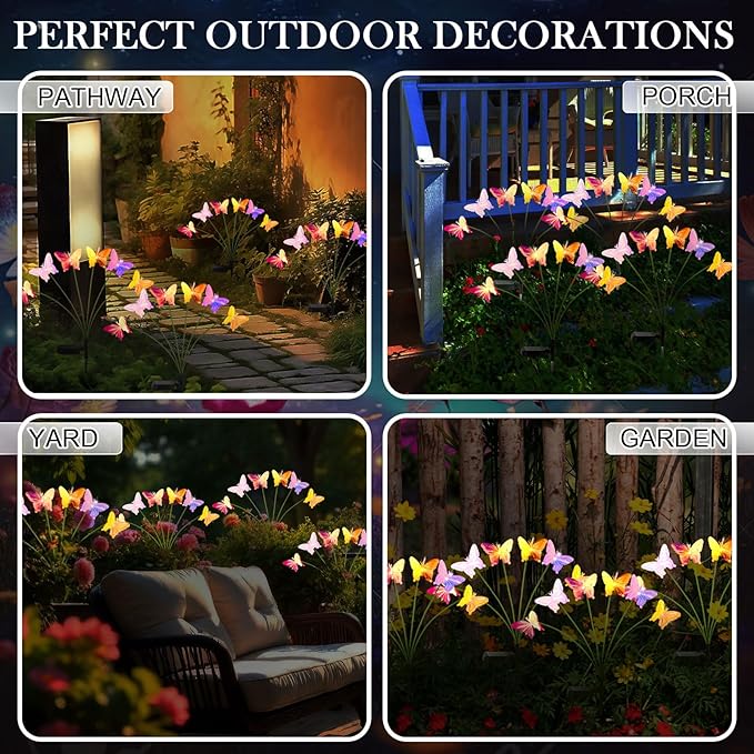 4 Pack Solar Butterfly Lights Outdoor Garden, 6 Head Solar Swaying Pathway Stake Lights Waterproof for Yard Lawn Patio Walkway Landscape Decor