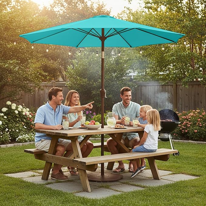 9ft Patio Umbrella with Push Button Tilt and Crank,Outdoor Market Table Umbrella UV Protection 8 Sturdy Ribs for Backyard,Garden,Pool,Deck(Peacock Blue)