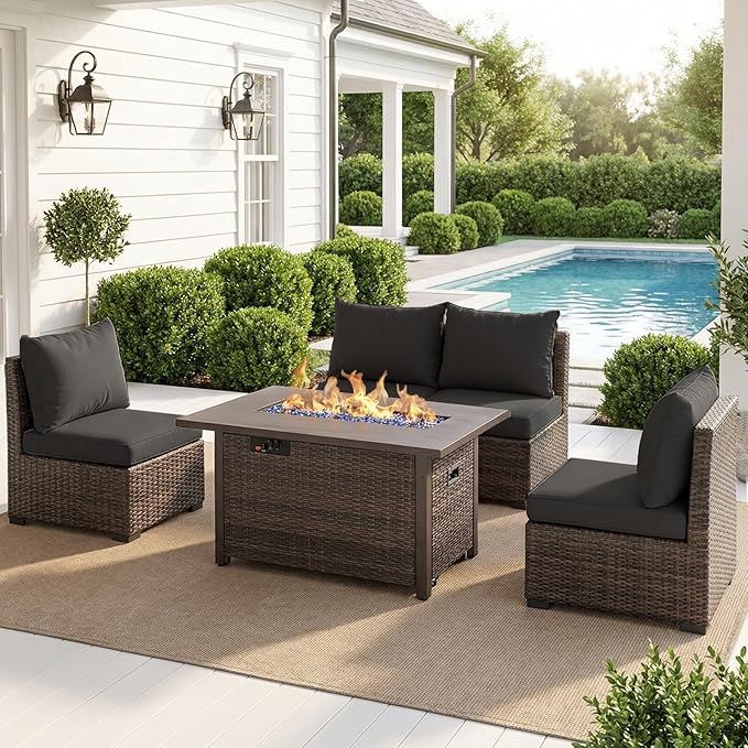 Patio Furniture Set with Fire Pit Table, Outdoor Sectional Rattan Sofa Set, Patio Set Seating Furniture with Thickened Cushions (Black, 5 Pieces)
