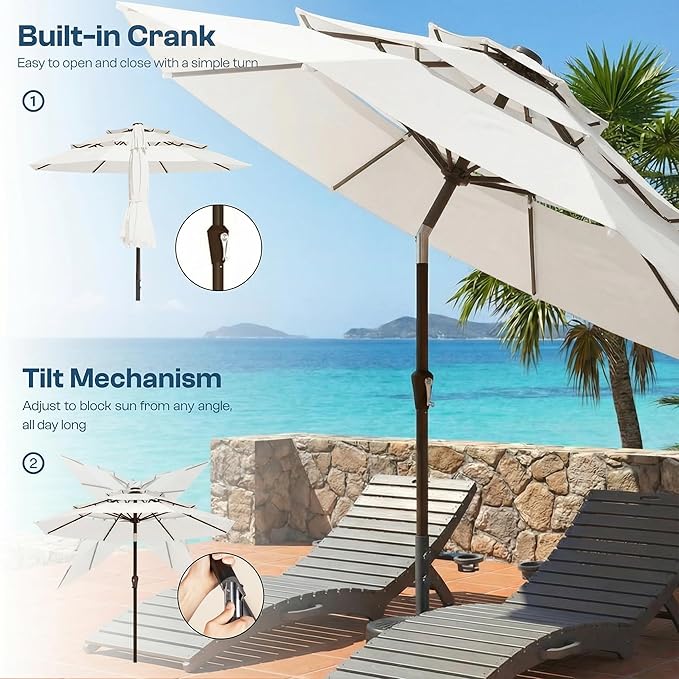 10ft Patio Umbrella, 3 Tier Outdoor Market Table Umbrellas with 8 Fiberglass Ribs and Push Button Tilt, Windproof, Vented Canopy, UV Protection for Deck, Pool, Backyard