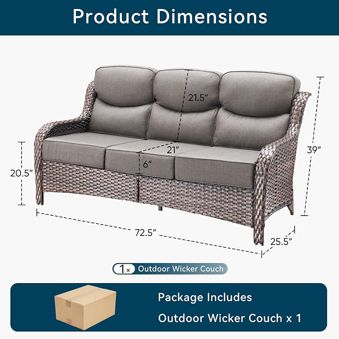 Luxury Outdoor Patio Furniture Set-Wicker High Backrest 3-Seat Patio Sofa with Comfy 6" Cushion, Rattan Couch with Deep Seat All-Weather Patio Conversation Set for Deck Backyard Garden(Brown/Gray)
