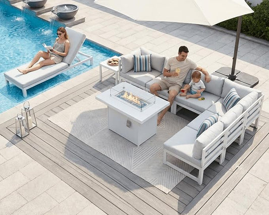 NICESOUL 9 Pcs Oversized Modern Aluminum Patio Furniture Set, 500lbs Heavy Duty Outdoor Sectional Sofa with Lounge & Fire Pit Table, 29" Deep Wide Seating Conversation Couch for Poolside, Light Gray