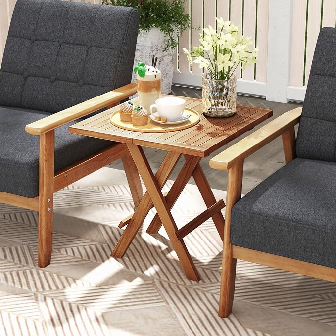 RELAX4LIFE Folding Outdoor Side Table - Set of 2 Teak Wood End Table, Square Coffee Bistro Table w/Slatted Tabletop, Portable Picnic Camp Table for Poolside Porch Garden, Foldable Small Patio Table