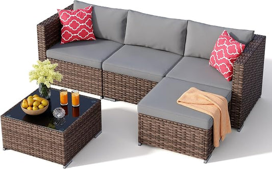 Ahomly 5 Piece Outdoor Patio Furniture Set, PE Wicker Rattan Sectional Sofa with Cushions and Glass Coffee Table, Outdoor Furniture Set for Garden Yard Porch, Grey