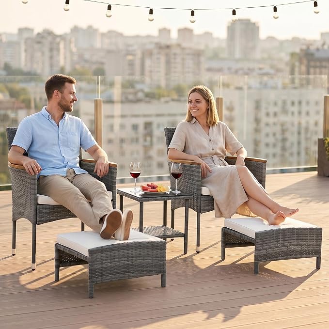 5Pcs Patio Furniture Sets Rattan Patio Chair Set of 5 Outdoor with Coffee Glass Table & Ottoman for Yard Backyard Lawn Porch Poolside Balcony (Grey)