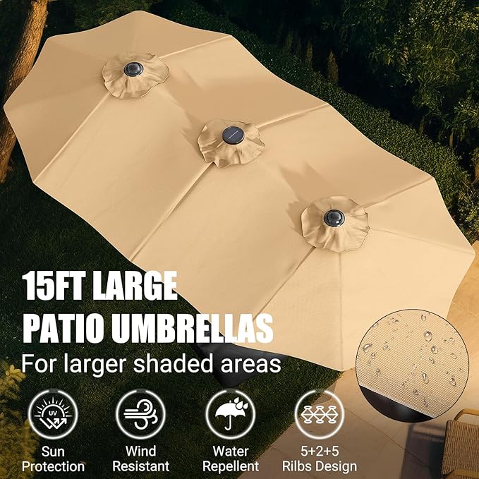 CHABATREE 14FT Large Patio Patio Umbrella with Base & Solar LED Lights - Double-Sided,Kahaki