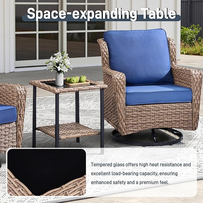 3 Piece Patio Furniture Set, Outdoor Wicker Swivel Chair Set with Side Table, All-Weather Cushioned Patio Conversation Set for Small Spaces, Porch, Balcony,Blue